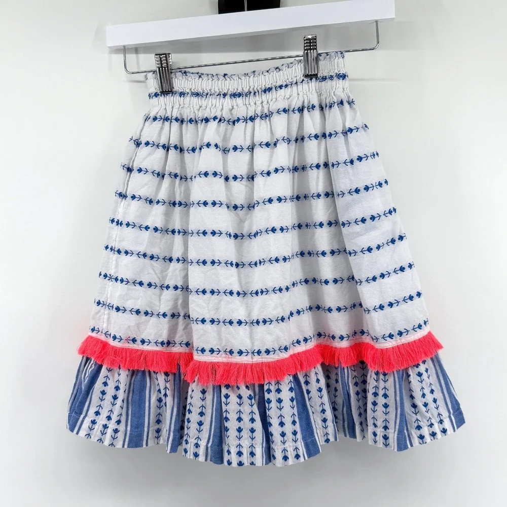 Boden Skirt Neon Fringe Tassel 6-7Y White Blue Girls Summer Boho Cotton Tiered‎